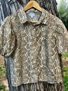 Button Down Shirt Snakeskin Blouse with Balloon Sleeves Sz M